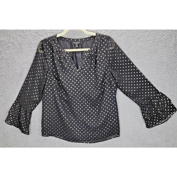 Talbots Womens Blouse Top Medium Petite Pullover V-Neck Black Silver Polka Dots - Picture 1 of 13